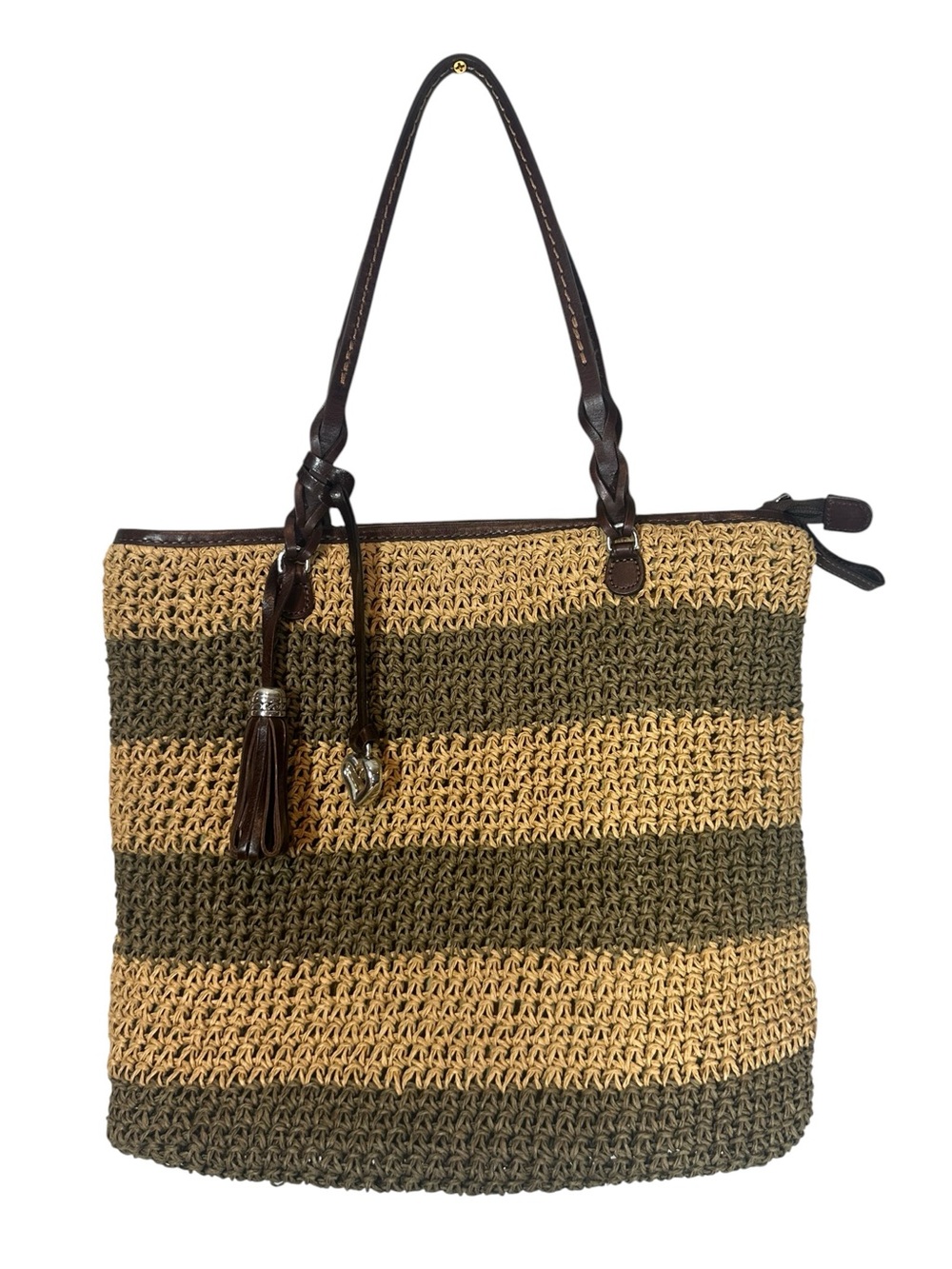 BRIGHTON Sierra Woven Straw and Jute Striped Hobo Shoulder Bag Leather Trim